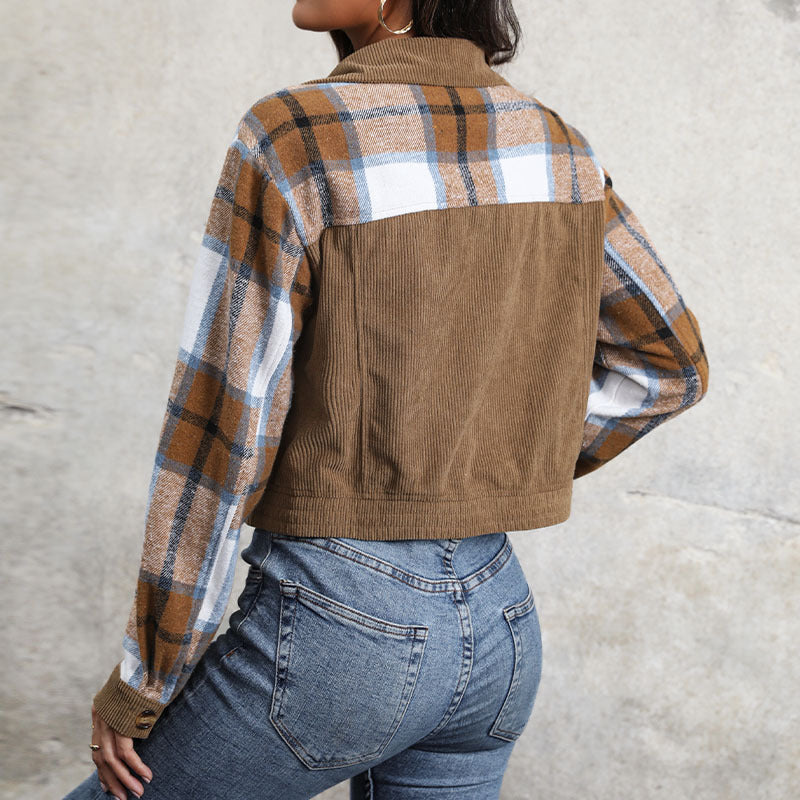 Women's checked cord jacket in casual cropped style with chest pockets