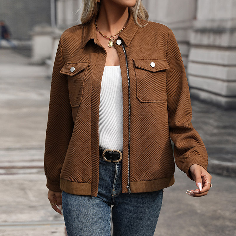 Women's modern utility jacket with structured outer material and practical pockets
