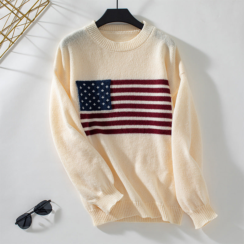 Ladies knit pullover with flag motif and round neckline