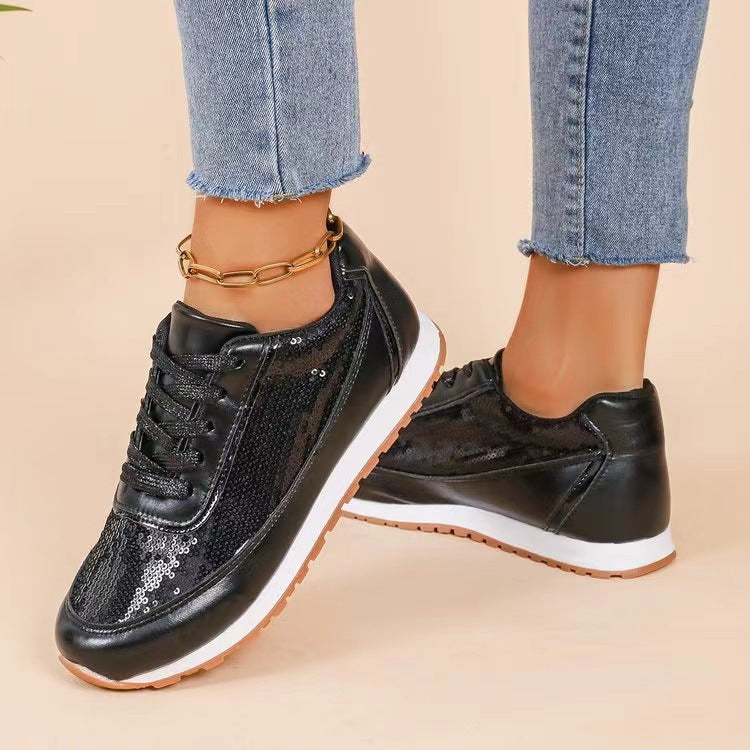 Ladies fashionable sneakers with shimmering upper material and non-slip sole