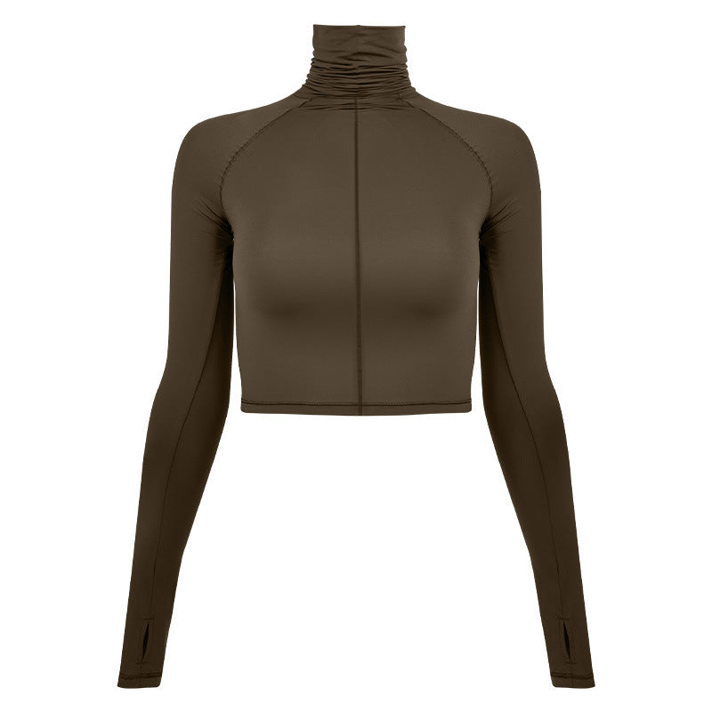Women's cropped long sleeve top with high collar and gathering