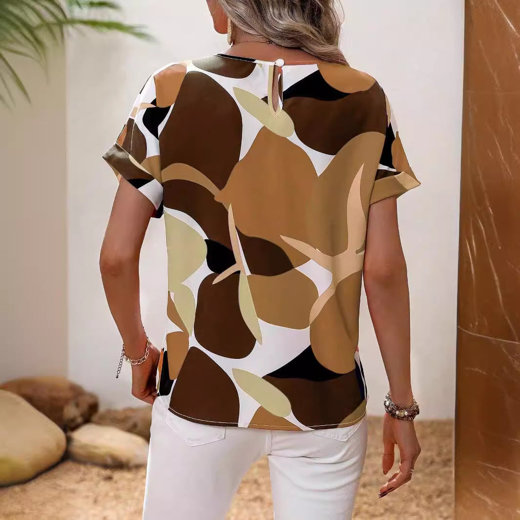 Women's casual blouse top with modern botanical print and loose fit