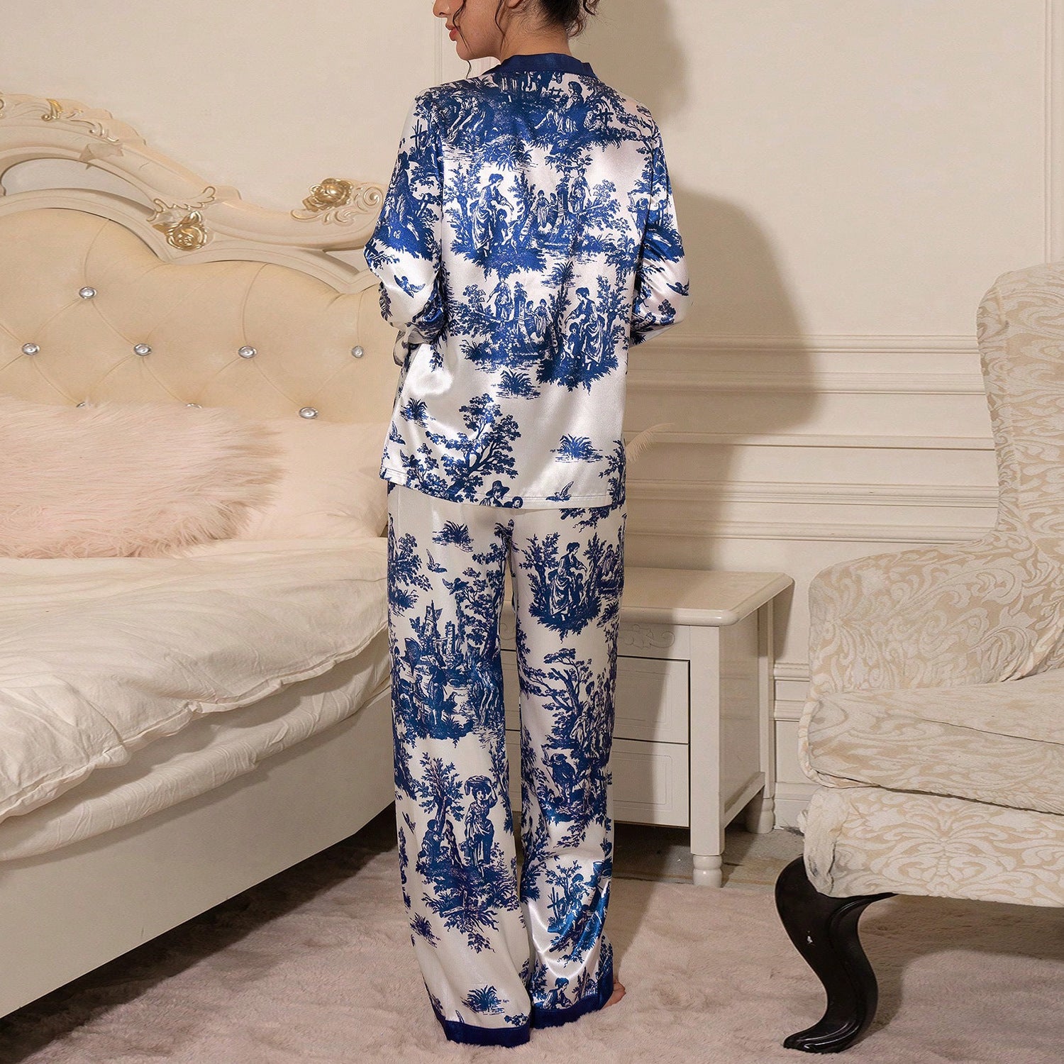 Women's Satin Pajama Set with Fine Pattern and Contrast Trim