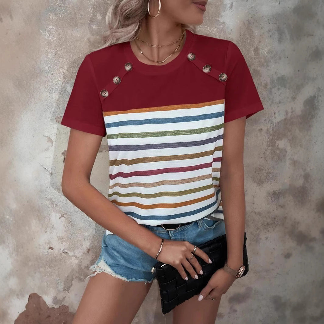 Women striped T-shirt with stylish button details and round neck