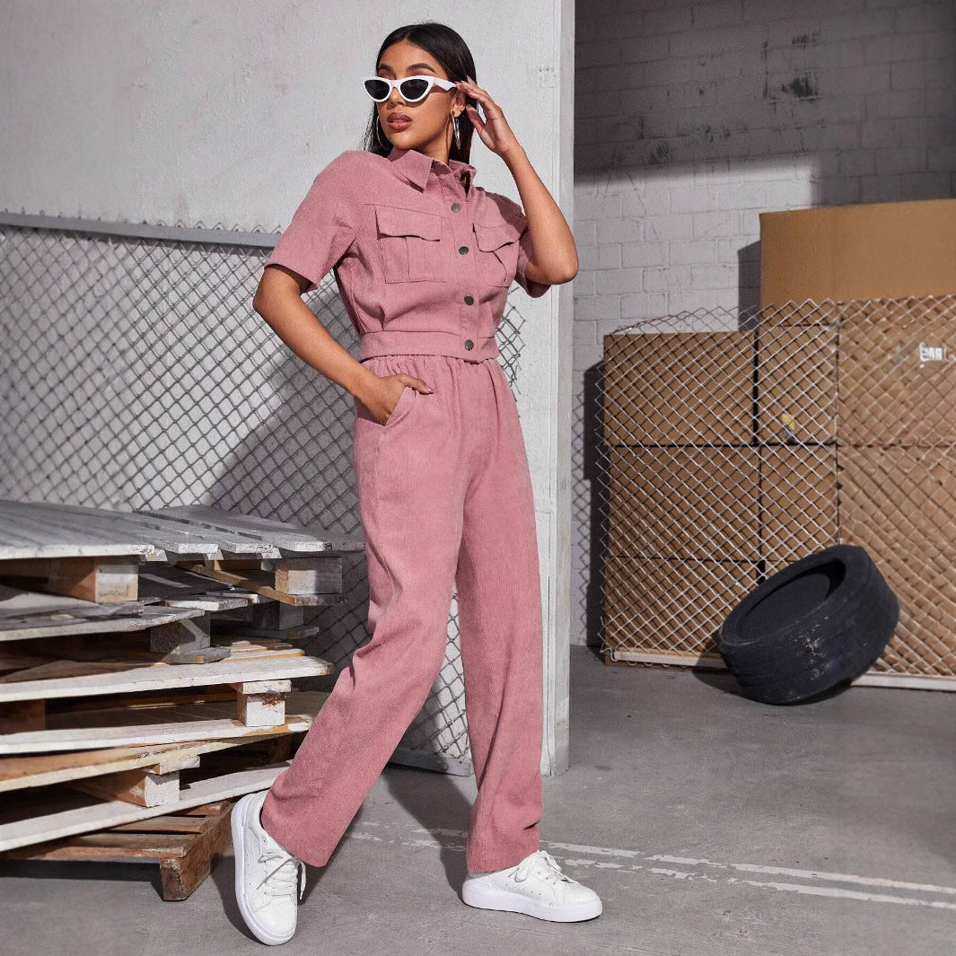 Women's corduroy suit with classic collar and elastic waistband