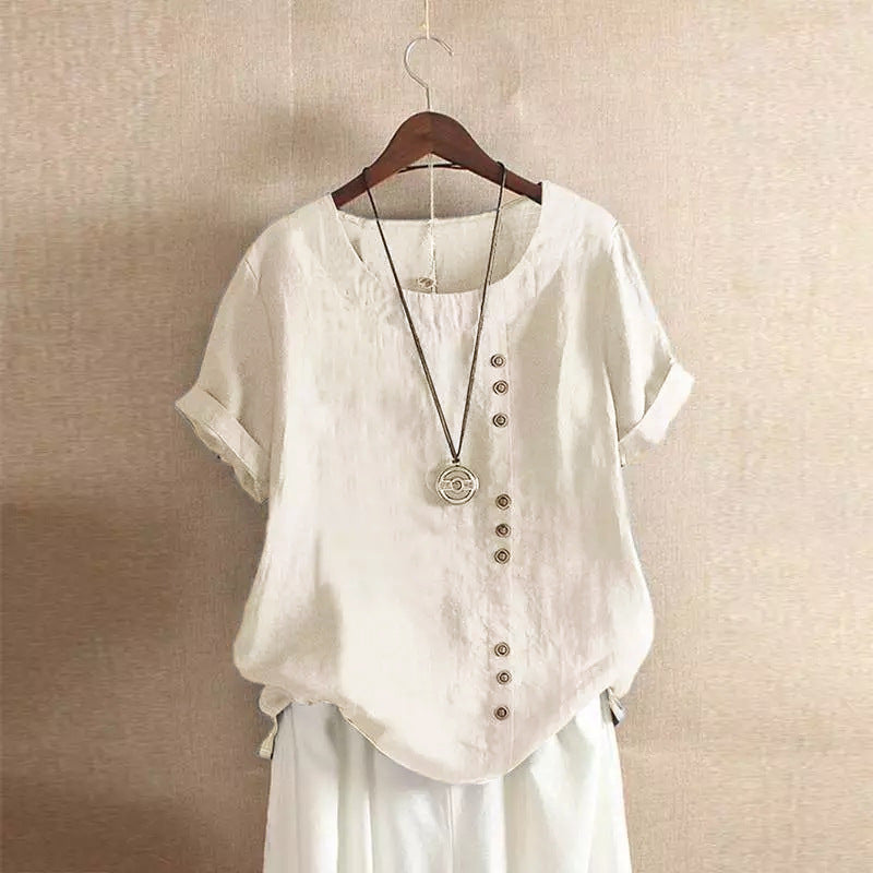 Women's casual linen blouse with convertible sleeves and button details