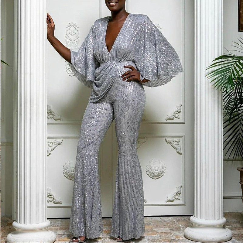 Women's Glamorous Jumpsuit with Sparkling Sequins and Wide Leg