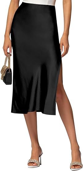 Women Satin Midi Skirt with High Slit