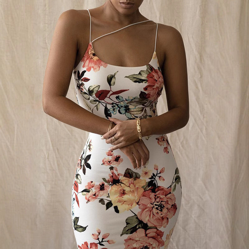 Ladies Elegant Floral Pattern Evening Dress with Sophisticated Ruffle Details