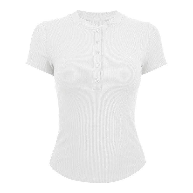 Ladies short sleeve shirt with elegant button placket and fine rib structure