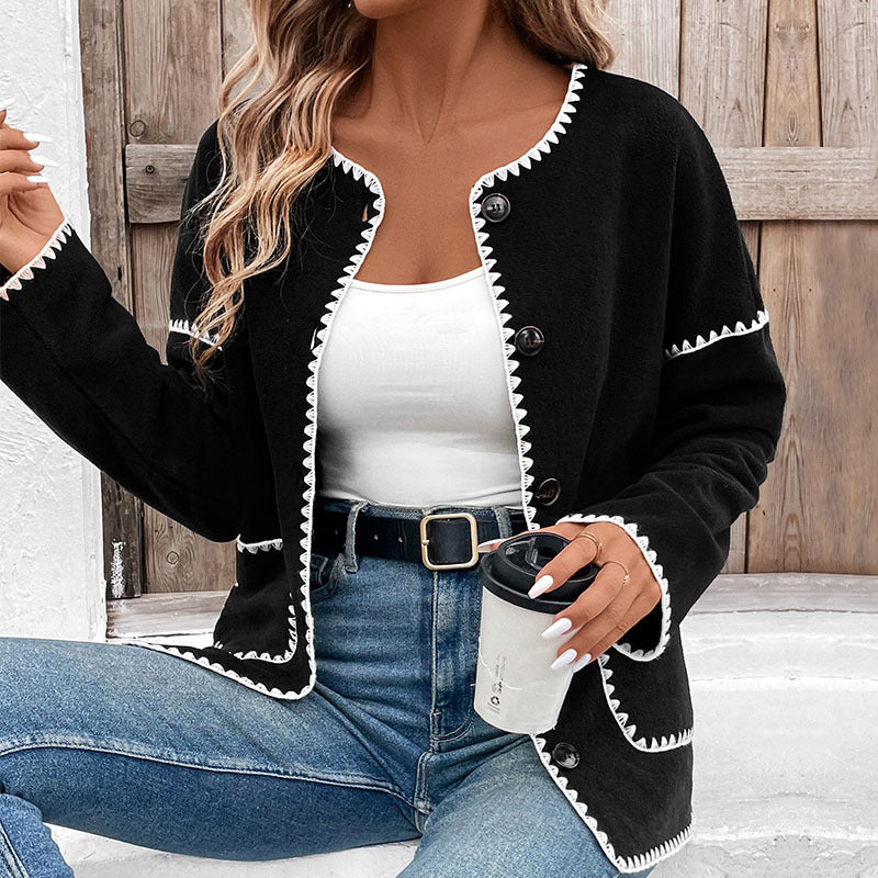 Women's casual cardigan with contrasting button details and patch pockets