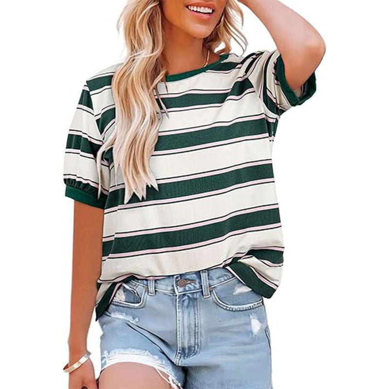 Women's casual striped T-shirt with short sleeves and round neck