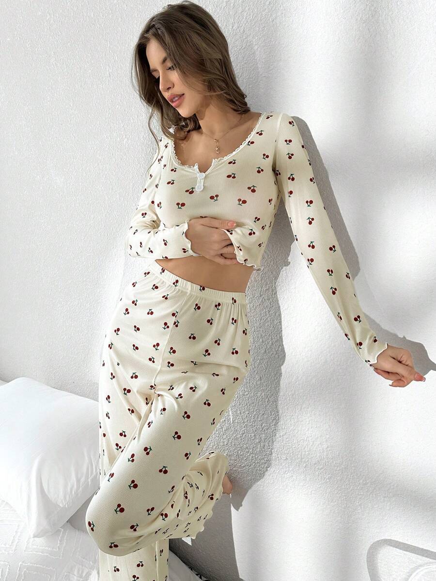 Women's Pajama Set with Lace Trim and Floral Design