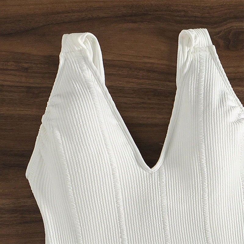 Women Ribbed V-Neck One-Piece Swimsuit