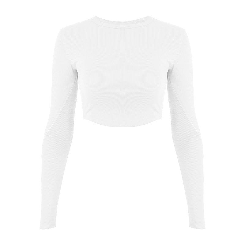 Women's stylish long sleeve crop top made of elastic ribbed material with round neckline