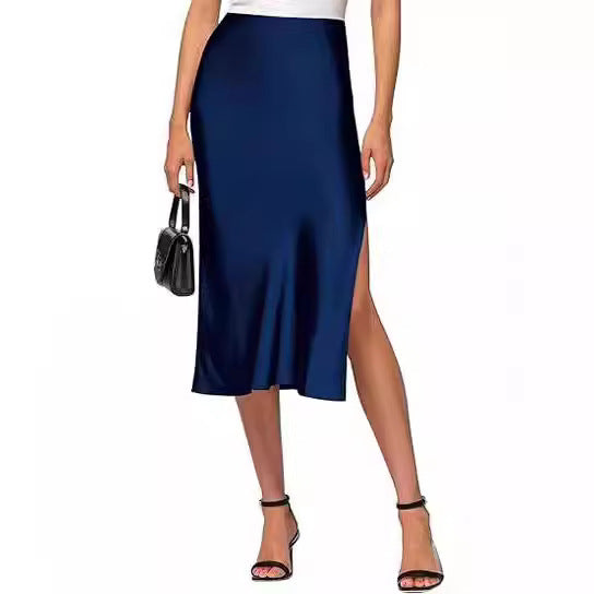 Women Satin Midi Skirt with High Slit
