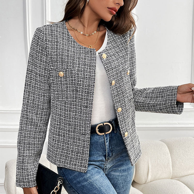 Women Elegant Tweed Jacket with Double Button Placket and Textured Fabric