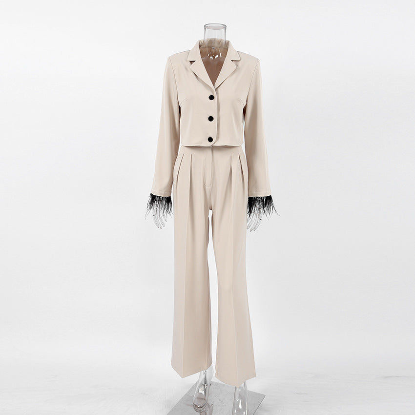 Ladies chic suit set with elegant feathers at the sleeves and high waistband