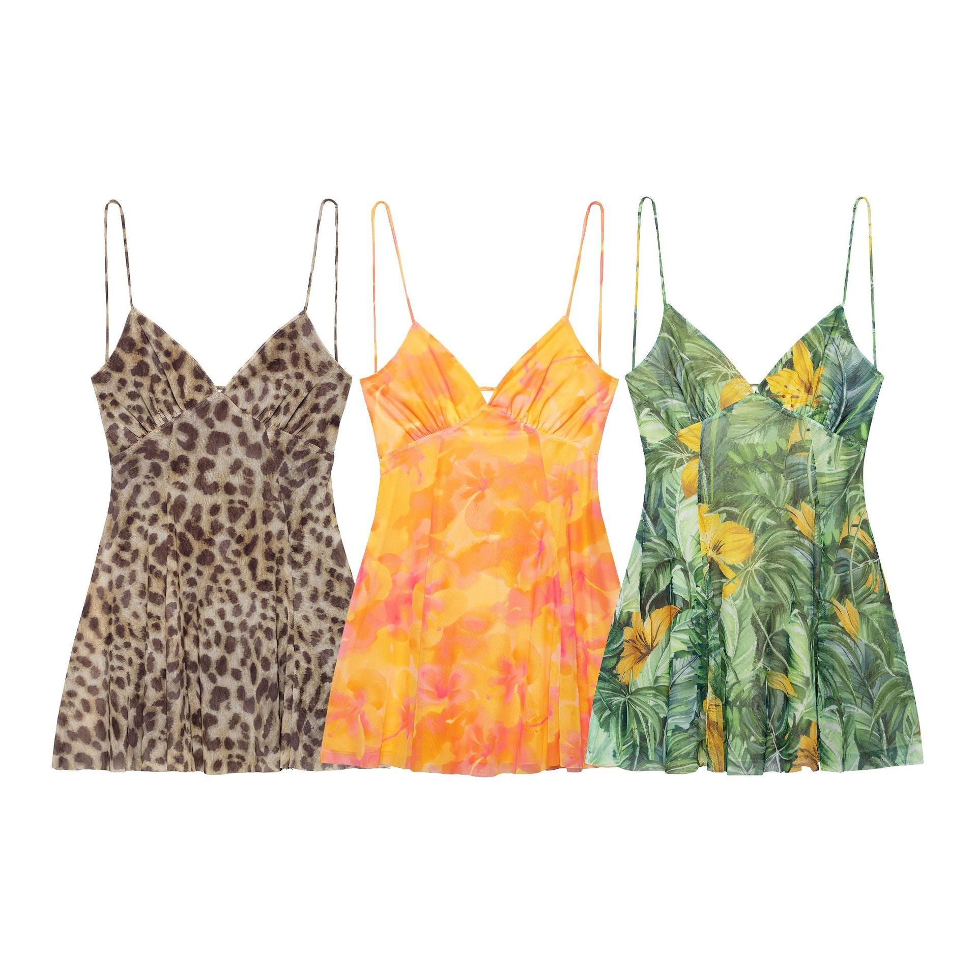 Ladies mini dress with floral pattern and fine spaghetti straps