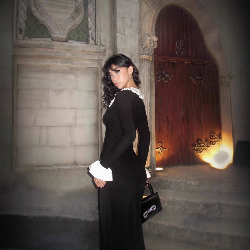 Women's Elegant Dress with Detachable Collar and Side Slit