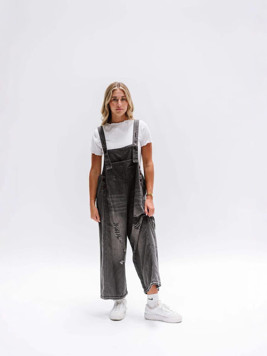 Women's Casual Denim Overalls with Fashionable Ripped Details