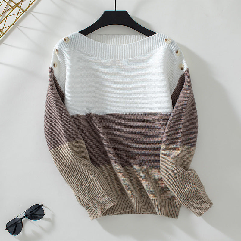 Women's fashionable knitted pullover with decorative button details and block stripes