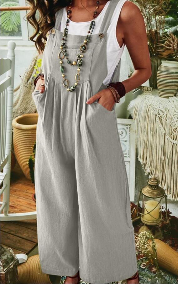 Ladies Casual Jumpsuit with Wide Leg and Pockets