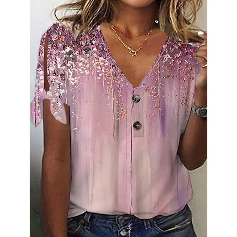 Women's V-neck blouse with decorative buttons and casual sleeves