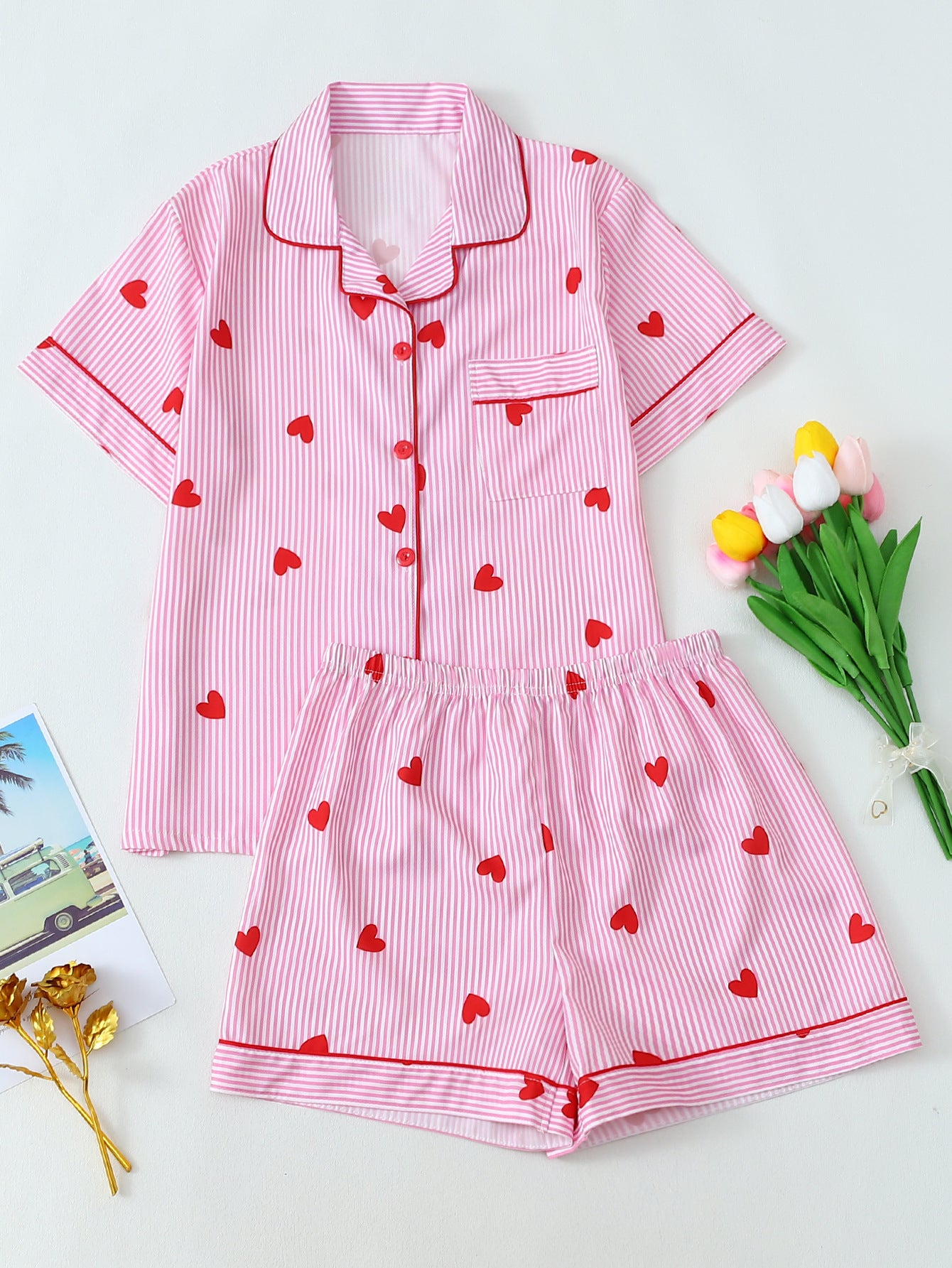 Women's pajama set with hearts and fine stripes