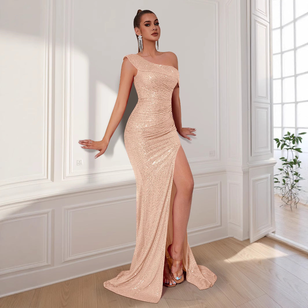 Women Glamorous Evening Dress with Asymmetric Strap and Sparkling Sequins