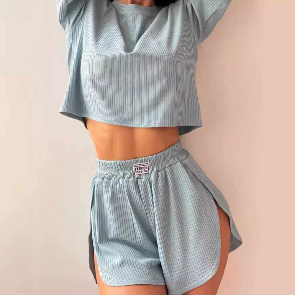 Women's Casual Short Pajama Set made of breathable ribbed structure