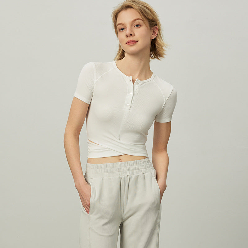 Women's fashionable short-sleeve Henley top with elastic rib design