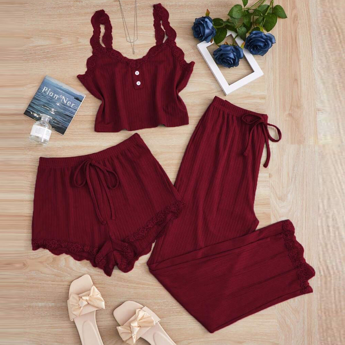 Women's Fashion Pajama Set with Lace Accents