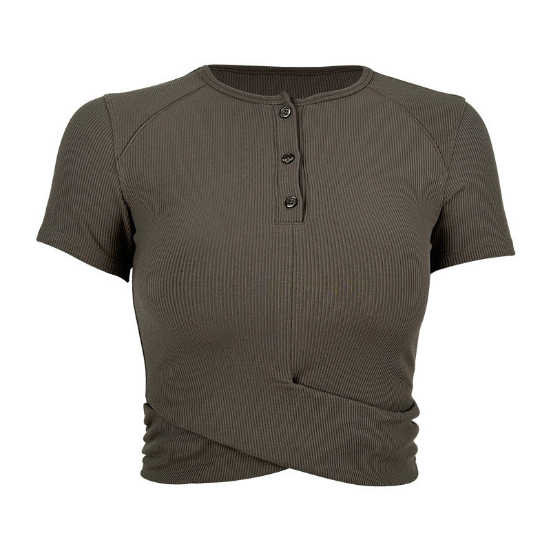 Women's fashionable short-sleeve Henley top with elastic rib design