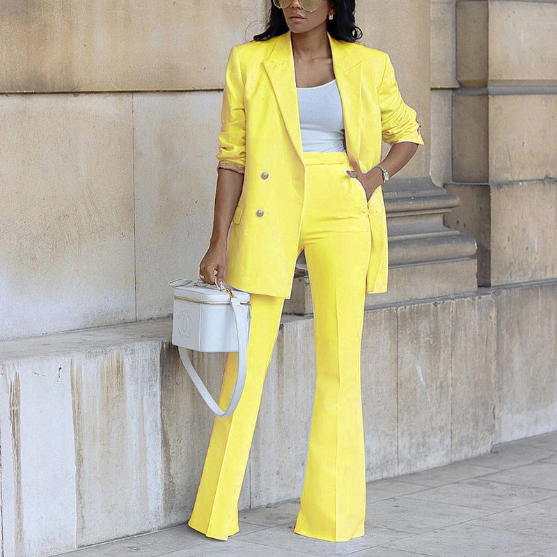 Ladies Elegant Two-Piece Suit Set with Wide-Leg Pants and Fashionable Blazer