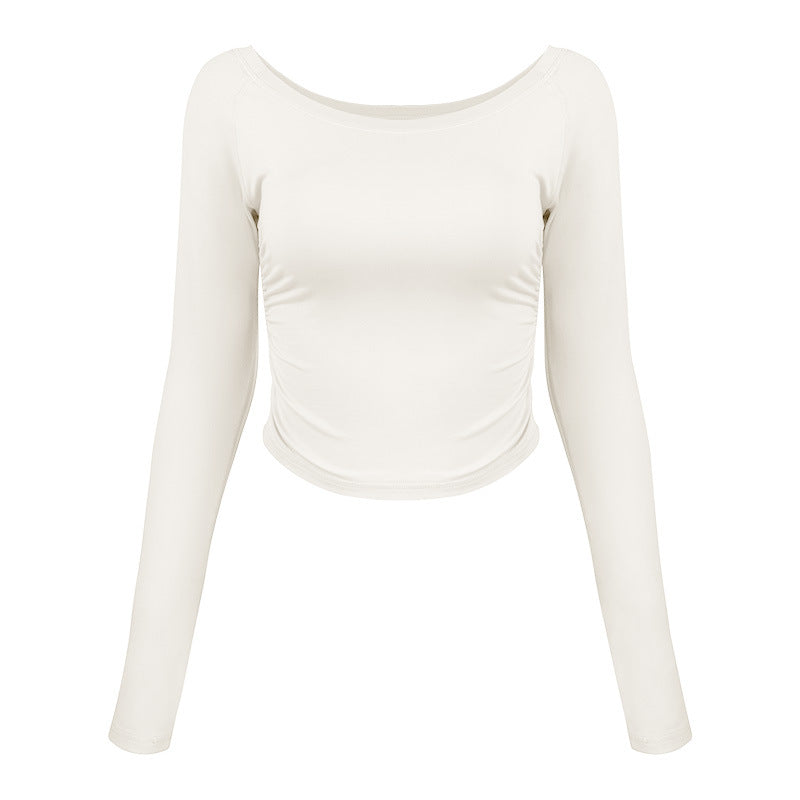 Ladies fitted long sleeve shirt with elegant gathering and round neckline