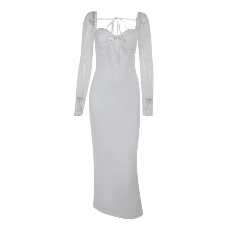 Women's High-Quality Dress with Lace Sleeves and Corset Neckline