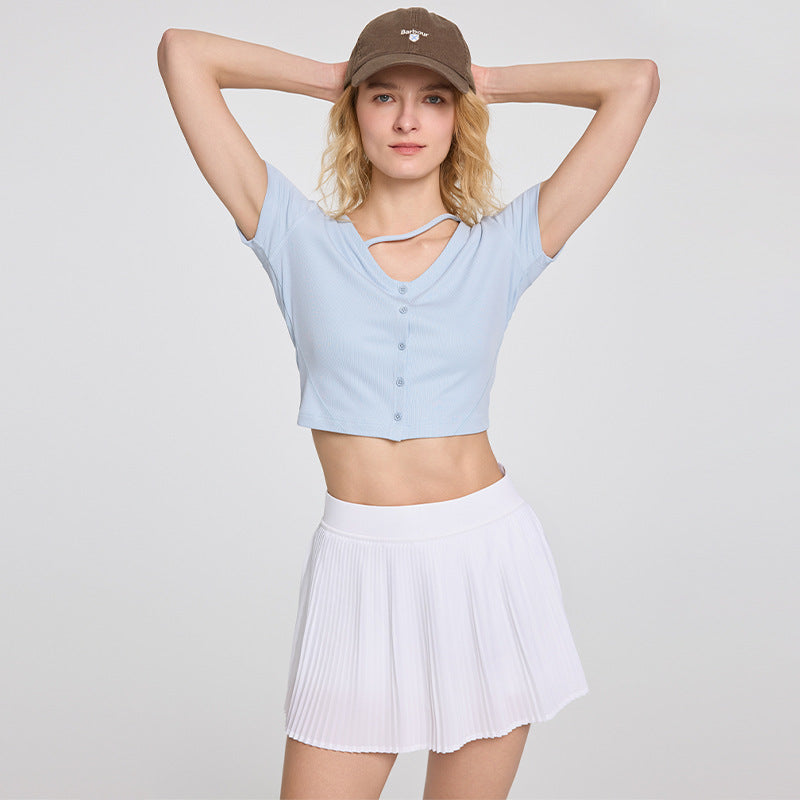 Women's short sports top with stylish V-neck and button placket