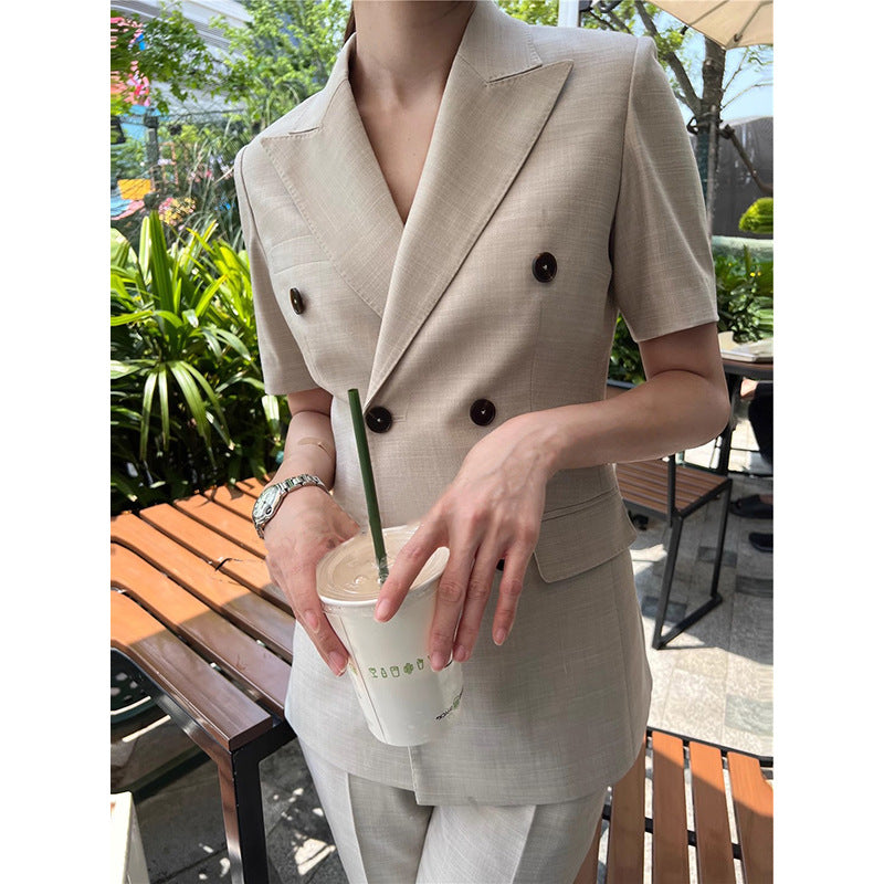 Women Short Sleeve Double Breasted Suit Set
