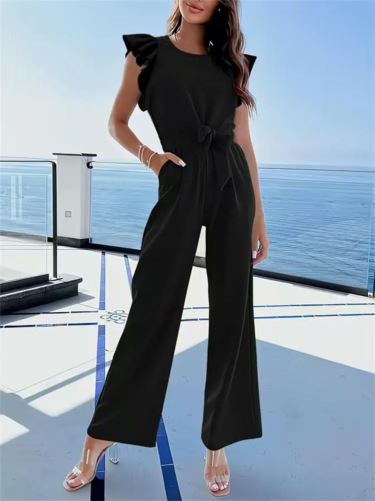 Women's jumpsuit with waist belt and elegant ruffle details