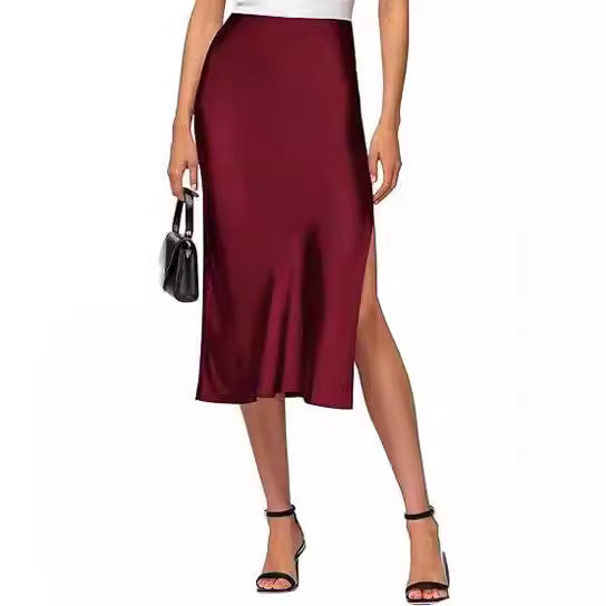 Women Satin Midi Skirt with High Slit