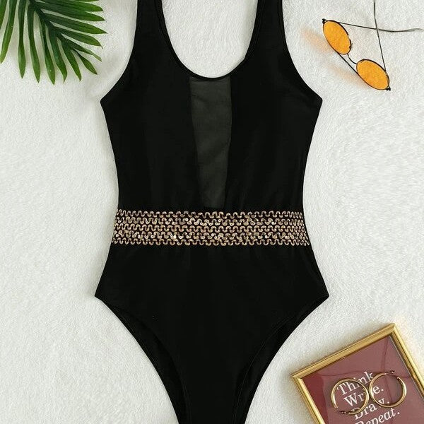 Women Mesh Insert High-Waisted One-Piece Swimsuit