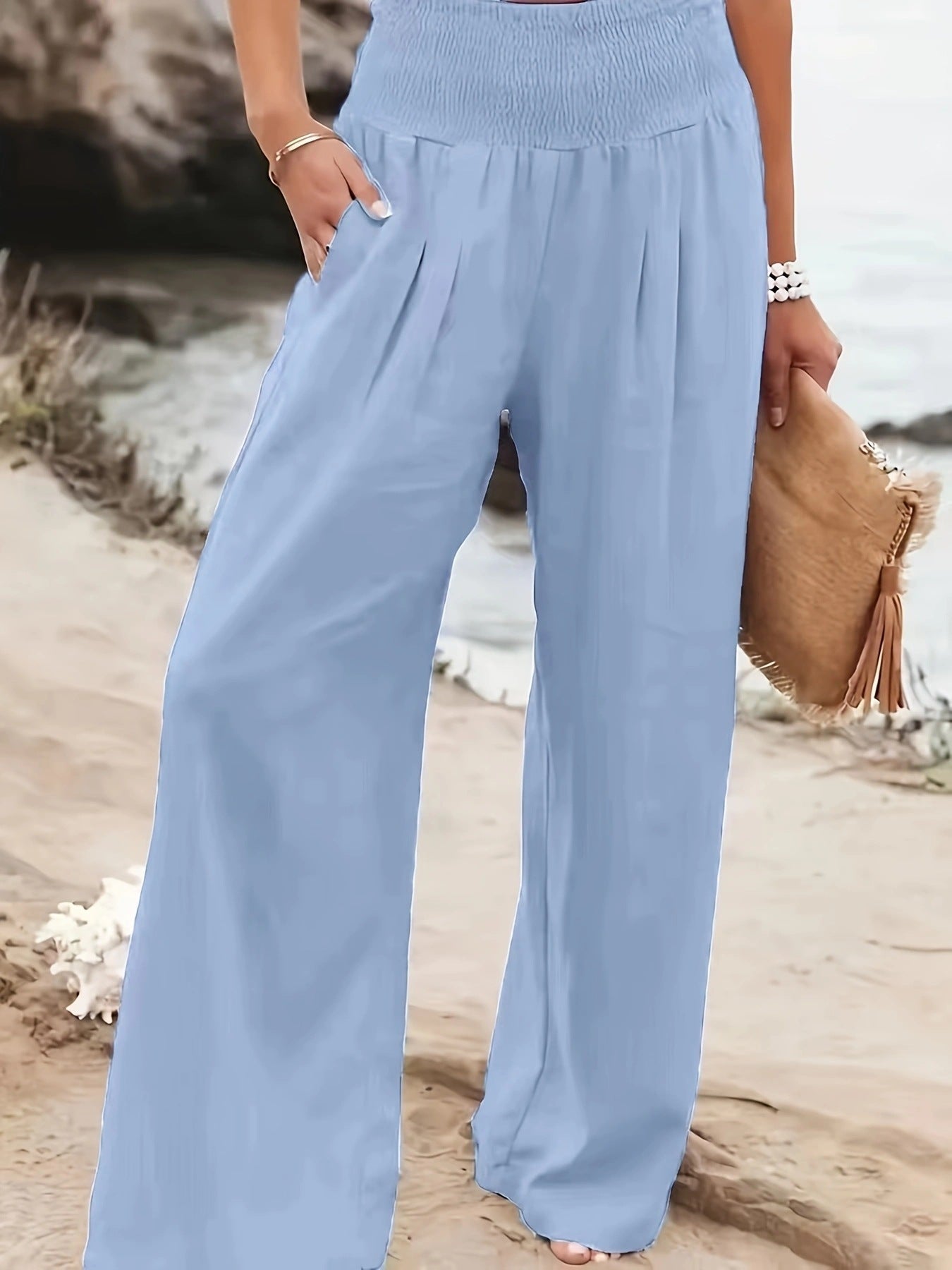 Ladies long, wide linen pants with elastic waistband