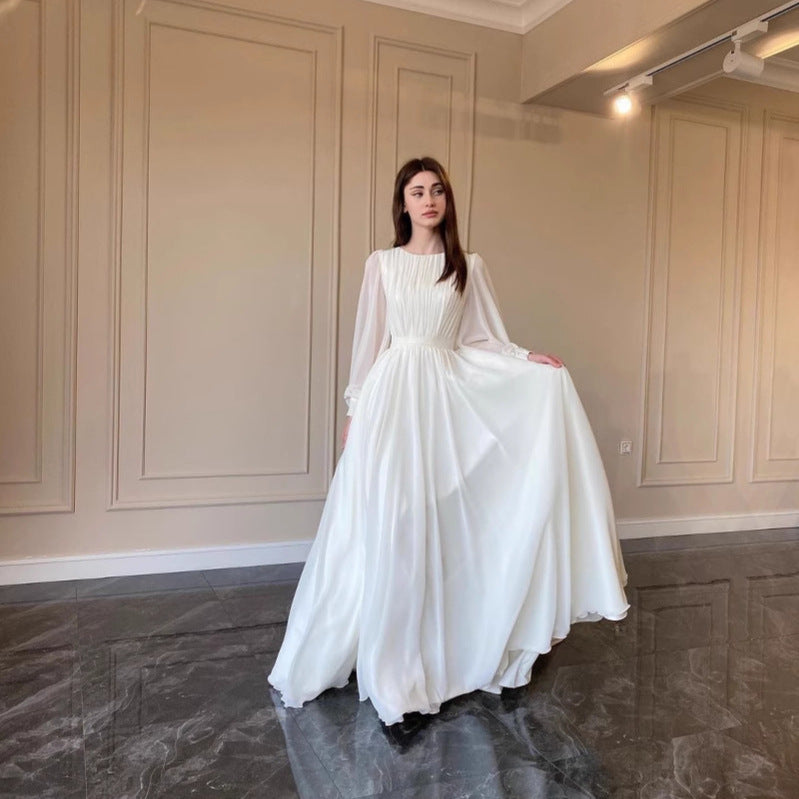 Transparent White Wedding Dress Round Neck Long Sleeve Dress