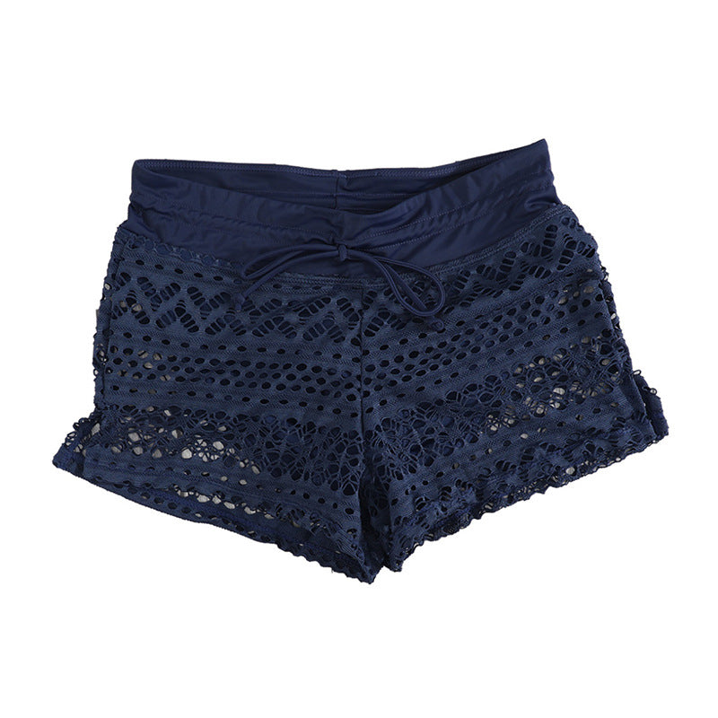 Women's swim shorts with attractive crochet pattern and adjustable waistband