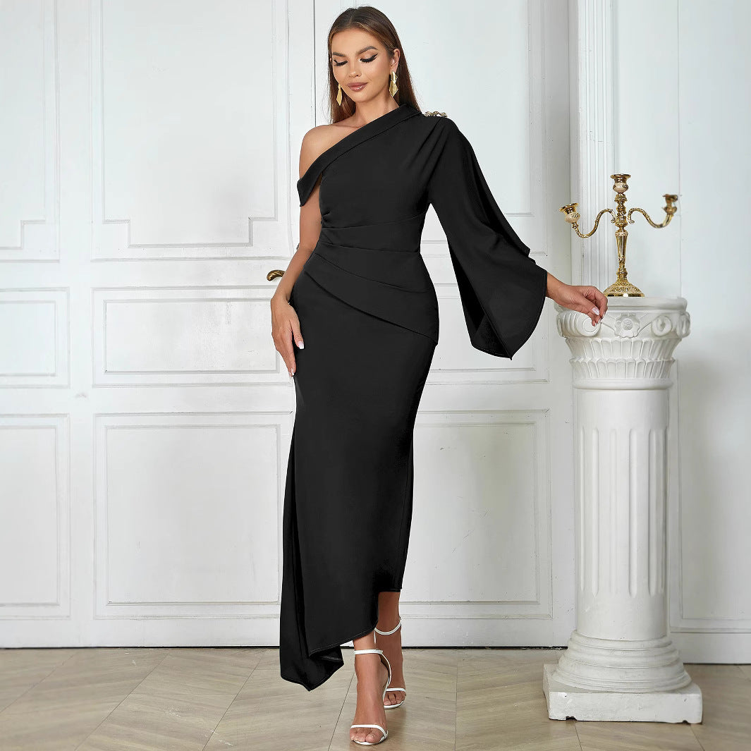 Ladies Elegant Maxi Dress with Asymmetric Cut and Dramatic Sleeve