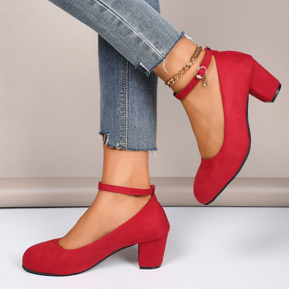 Women's block heel pumps with adjustable ankle strap and soft suede