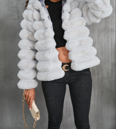 Women's Short, Quilted Faux Fur Jacket with High Collar