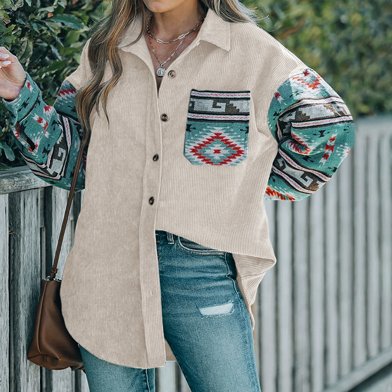 Ladies cord jacket with decorative ethnic pattern