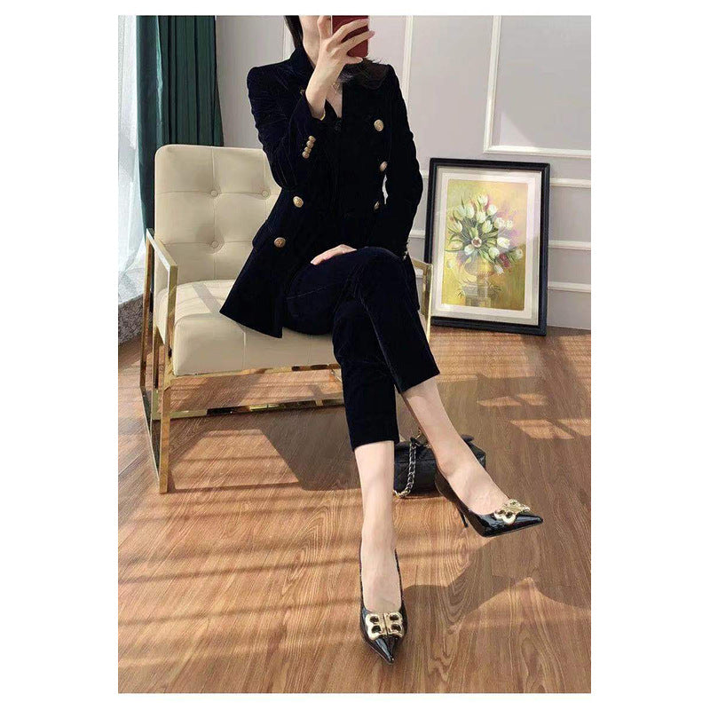 Ladies Velvet Double-Breasted Suit Set